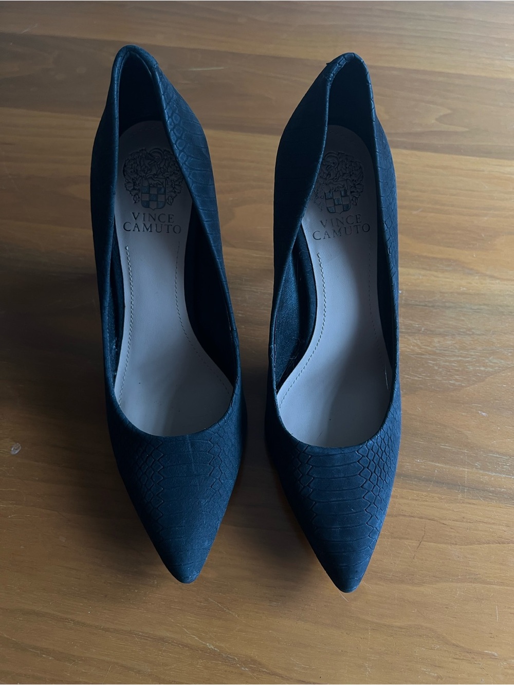 Vince Camuto Black Pointed Toe Snake-Embossed Heels